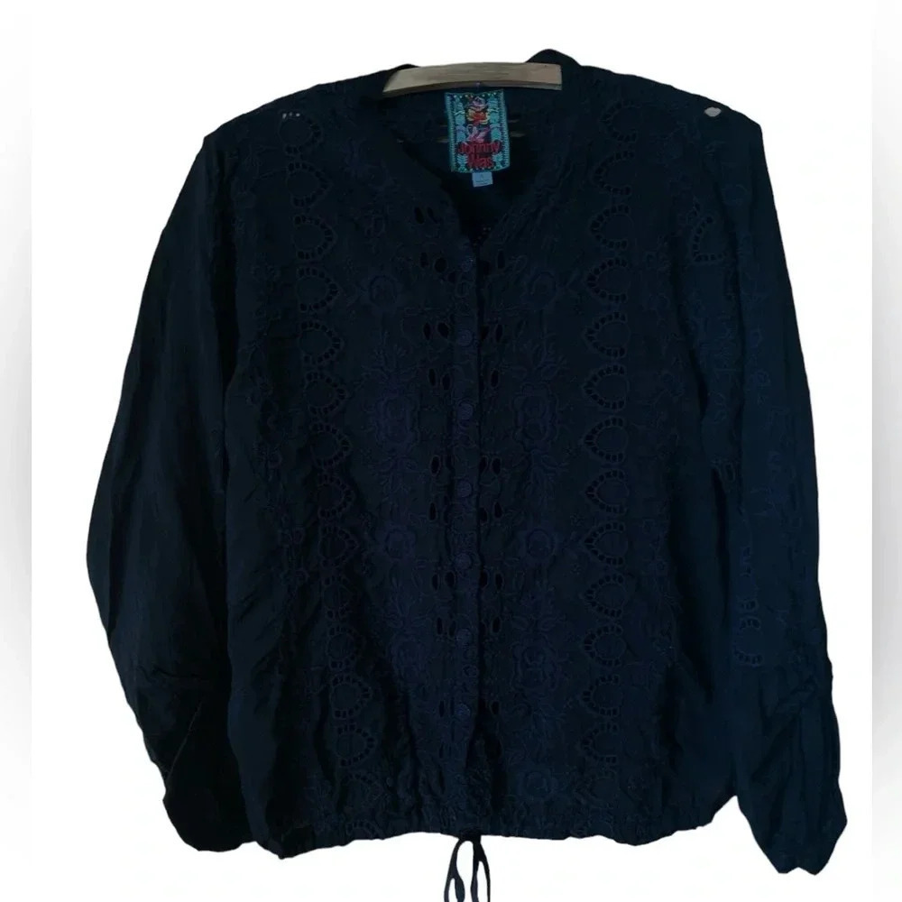 Johnny Was Black Embroidered Tie Waist Adjustable Sleeves Top Navy Blue Trim